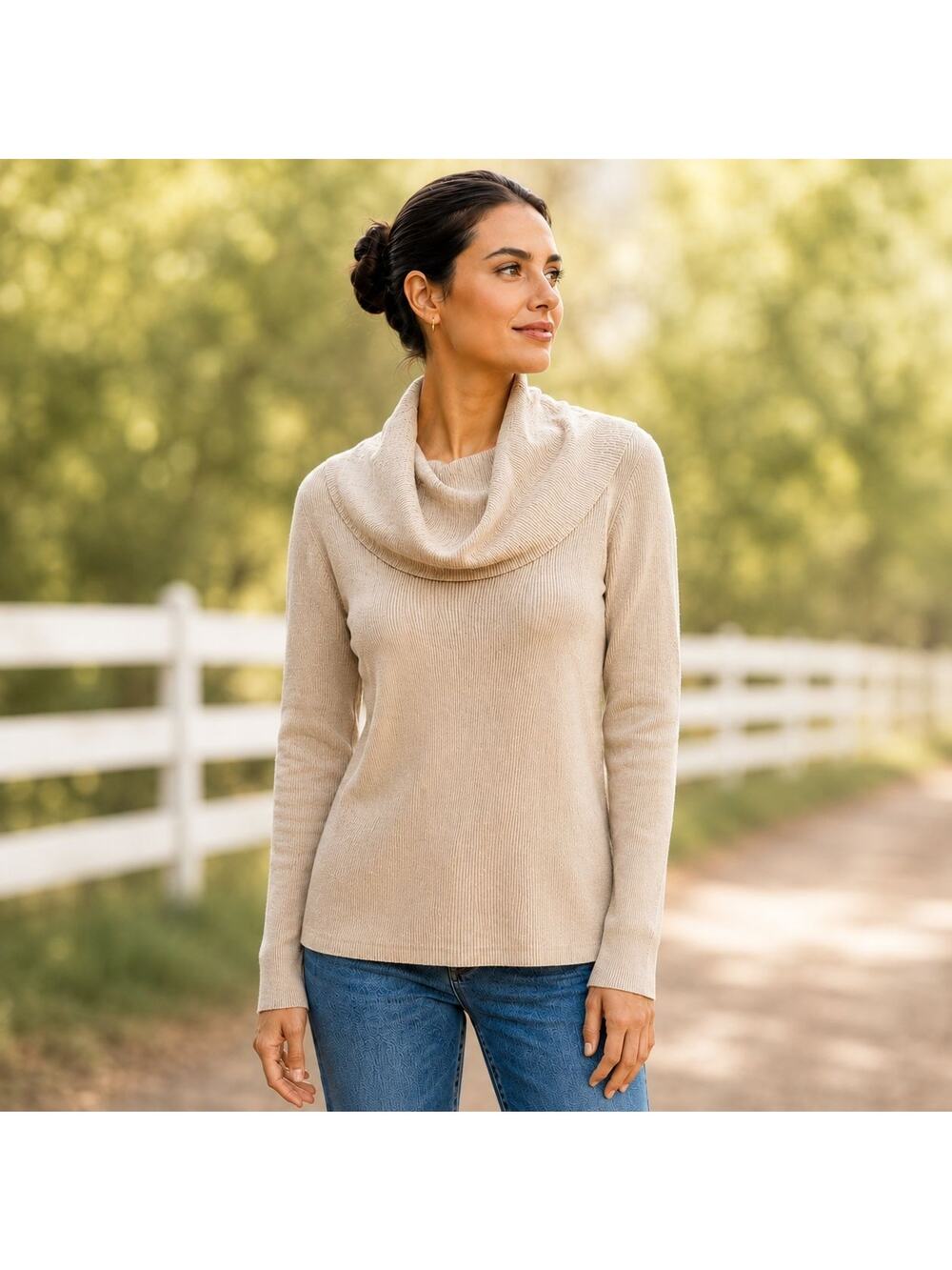 INC International Concepts XL Beige Ribbed Cowl Neck Sweater Long Sleeve Knit
